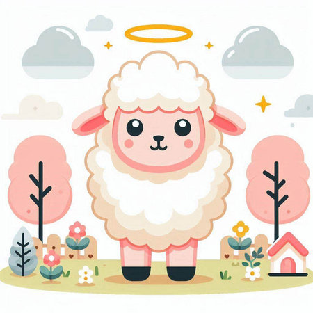 Illustration of a cute sheep in the garden. Vector illustration.のイラスト素材