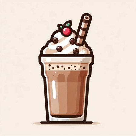 Coffee frappe with whipped cream, cherry and cinnamon stick. Vector illustration.のイラスト素材