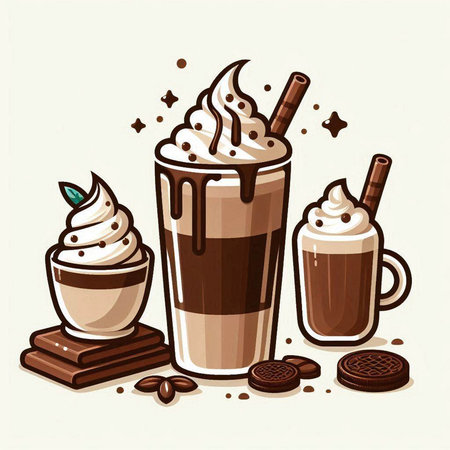 Iced coffee with whipped cream and chocolate cookies. Vector illustration.のイラスト素材