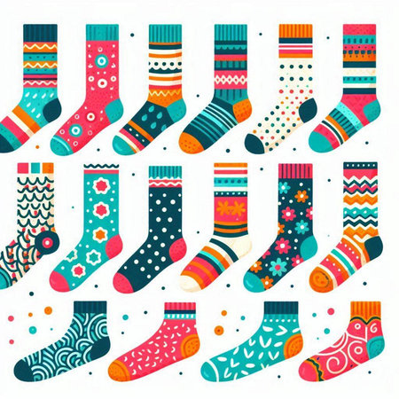 Set of colorful socks with different patterns. Vector illustration in flat style.のイラスト素材