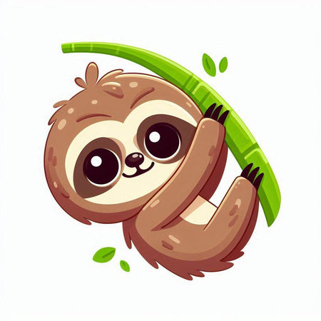Cute cartoon sloth character with green leaves. Vector illustration.のイラスト素材