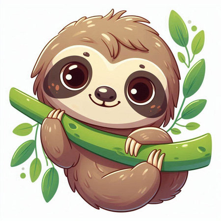 Cute cartoon sloth with a green branch. Vector illustration.のイラスト素材