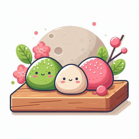 Kawaii sushi and rolls on wooden board. Vector illustration.のイラスト素材