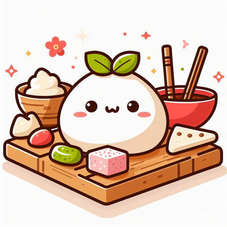 Vector illustration of a cute kawaii mozzarella cheese character on a wooden board.のイラスト素材