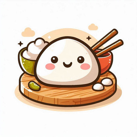 Illustration of a cute rice ball on a wooden cutting board.のイラスト素材