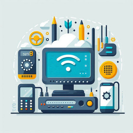 Computer with different devices in flat style. Vector illustration for web design.のイラスト素材