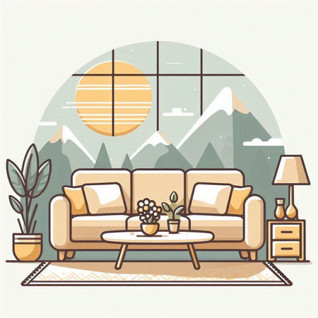 Living room interior with sofa, coffee table and plants. Vector illustrationのイラスト素材