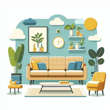 Living room with furniture and plants in flat style. Vector illustration.のイラスト素材