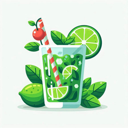 Cocktail with lime and mint. Vector illustration in flat styleのイラスト素材