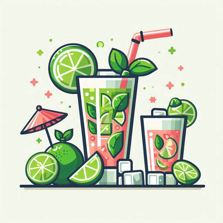 Cocktail with lime and mint. Vector illustration in flat styleのイラスト素材