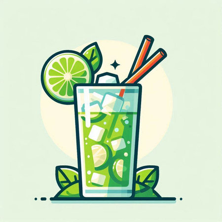 Vector illustration of glass of mojito with lime, mint and strawsのイラスト素材