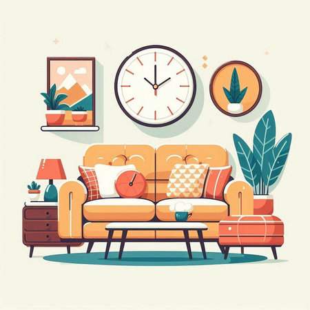 Living room interior with sofa, coffee table, clock and plants. Flat vector illustration.のイラスト素材