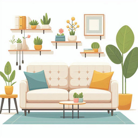 Living room interior with furniture and plants. Flat style vector illustration.のイラスト素材
