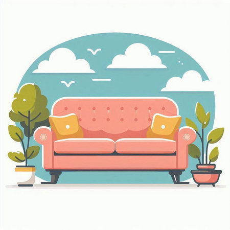 Sofa in the garden. Vector illustration in flat style.のイラスト素材