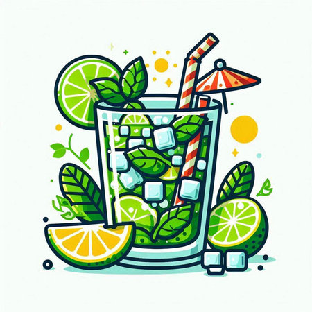 Mojito cocktail with lime, ice and straw. Vector illustration.のイラスト素材