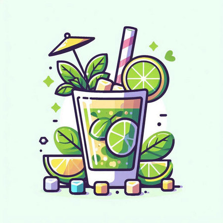 Cocktail with lime, mint and straw. Vector illustration.のイラスト素材