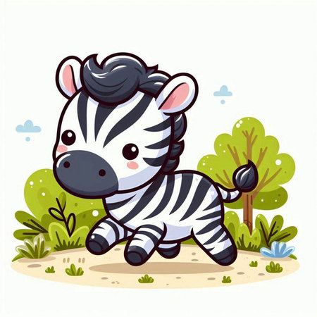 Cute zebra running on the grass. Vector cartoon illustration.のイラスト素材