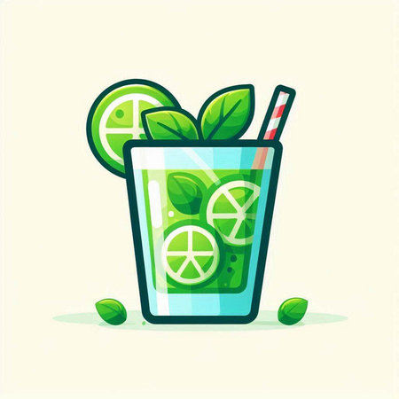 Cocktail with lime, mint and straw. Vector illustration.のイラスト素材