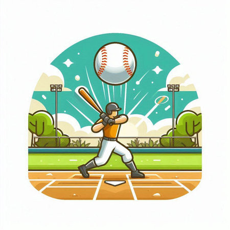 Baseball player hitting ball with bat. Vector illustration in cartoon style.のイラスト素材