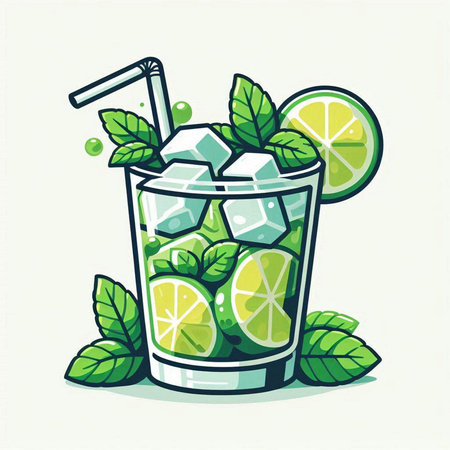 Mojito cocktail with lime, mint and ice. Vector illustration.のイラスト素材