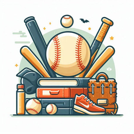 Vector illustration of a set of baseball equipment. Baseball ball, bat, bag, glove, ball.のイラスト素材
