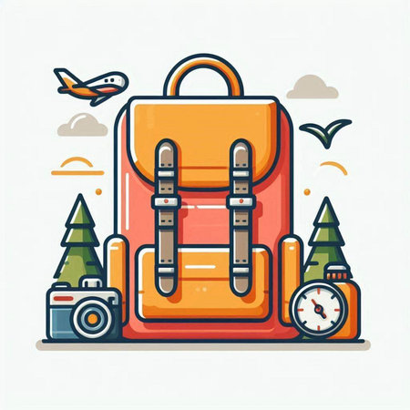Vector illustration of backpack with camera, compass and airplane on white background.のイラスト素材