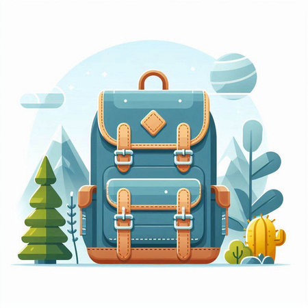 Blue backpack on the background of the winter landscape. Vector illustration.のイラスト素材