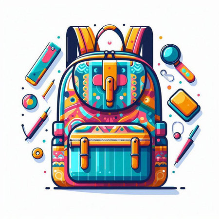 Colorful backpack with school supplies on white background. Vector illustration.のイラスト素材