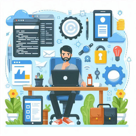 Man working on computer in office. Flat design style vector illustration.のイラスト素材