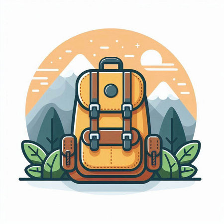 Hiking backpack in the mountains. Vector illustration in flat style.のイラスト素材