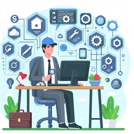 Technical support flat design concept vector illustration. Man in uniform sitting at the desk and working on laptop.のイラスト素材