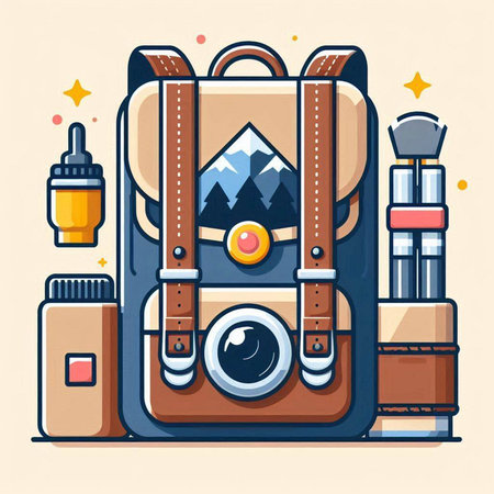 Vector illustration of a backpack with camera, flash, flask and other equipment.のイラスト素材