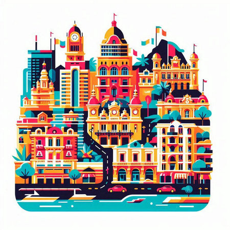 Vector illustration of the colorful cityscape with buildings, roads and peopleのイラスト素材