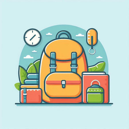 Backpack and travel items. Vector illustration in flat cartoon style.のイラスト素材