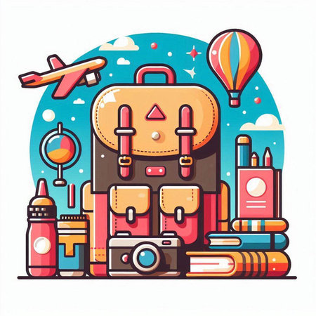 Vector illustration of backpack, camera, books and airplane. Travel and tourism concept.のイラスト素材