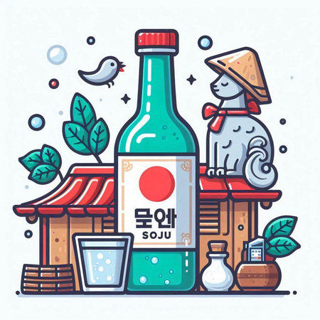 Soy sauce in a bottle. Vector illustration in line art style.のイラスト素材
