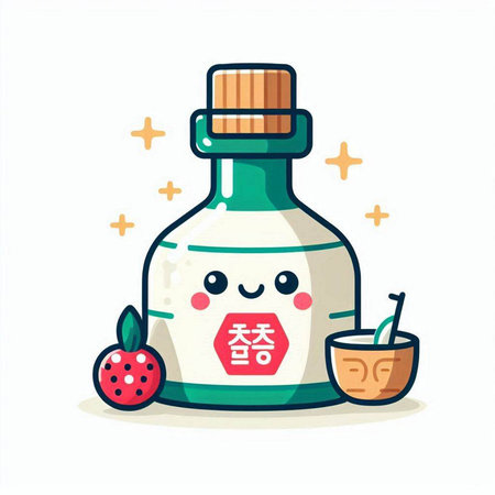 Cute cartoon character illustration of sake bottle with kawaii character. Japanese beverage concept.のイラスト素材