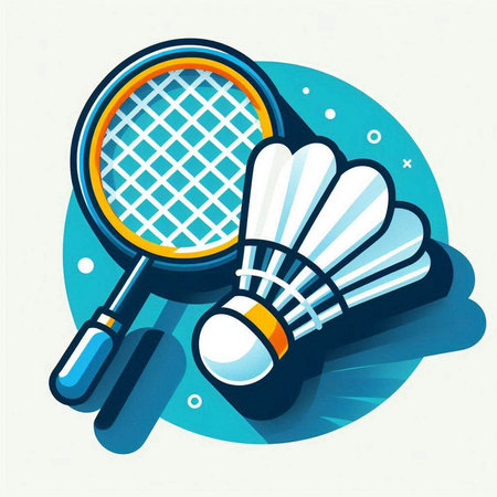 Badminton racket and shuttlecock on blue background, vector illustration.のイラスト素材