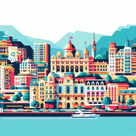 Colorful buildings on the embankment of the city, vector illustrationのイラスト素材