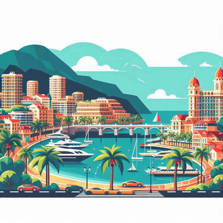 Cityscape with yachts, boats and palm trees. Vector illustration.のイラスト素材