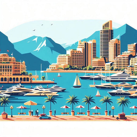 Seaside town with yachts and boats. Vector illustration.のイラスト素材