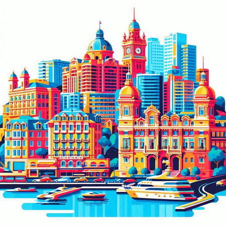 Cityscape with colorful buildings, skyscrapers and river. Vector illustrationのイラスト素材