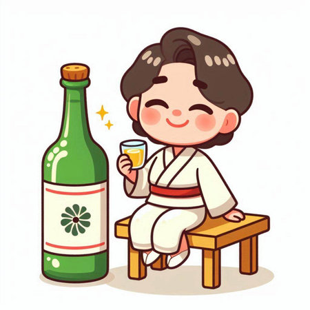 Cute boy in kimono drinking a glass of wine.のイラスト素材