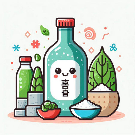 Vector illustration of a bottle of soy sauce with ingredients in the background.のイラスト素材