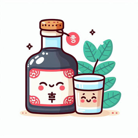 Cute kawaii sake bottle and glass. Vector illustration.のイラスト素材
