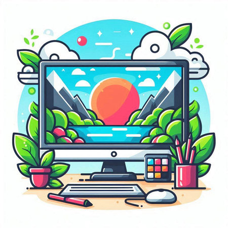 Vector illustration of modern flat design desktop computer with blank screen, keyboard, mouse, coffee cup, plant, leafs, pencils, eye shadows, sun, clouds and other objects on white background.のイラスト素材