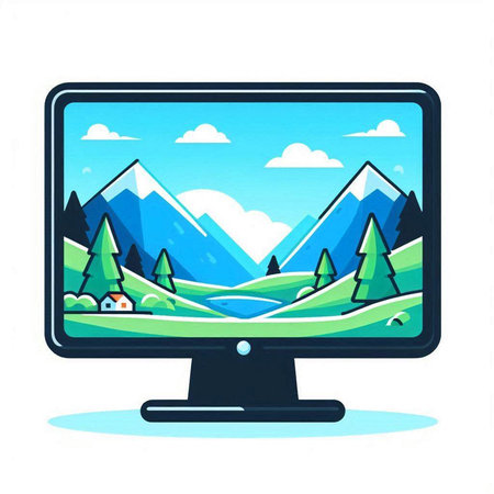 Vector illustration of a computer monitor with a mountain landscape on the screenのイラスト素材