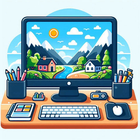 Computer screen with home and office objects. Vector illustration in cartoon styleのイラスト素材