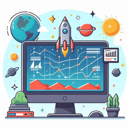 Flat design vector illustration concept of start up business, rocket launch on screen.のイラスト素材