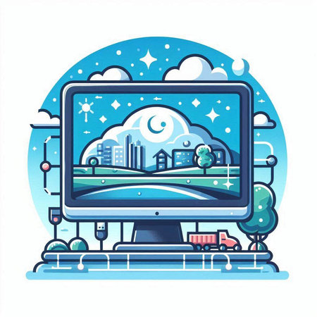 Vector illustration of a computer monitor with a cityscape on the screenのイラスト素材